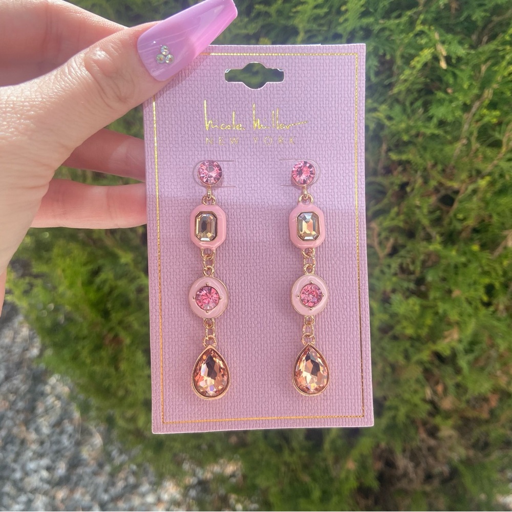 Pink and Gold Drop Earrings / Spring Pastel Dangle Earrings - Picture 3 of 3